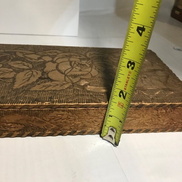 Wooden Trinket Scarf Box Vintage Hand Carved Floral Design Wood Burning Rustic - Picture 10 of 16